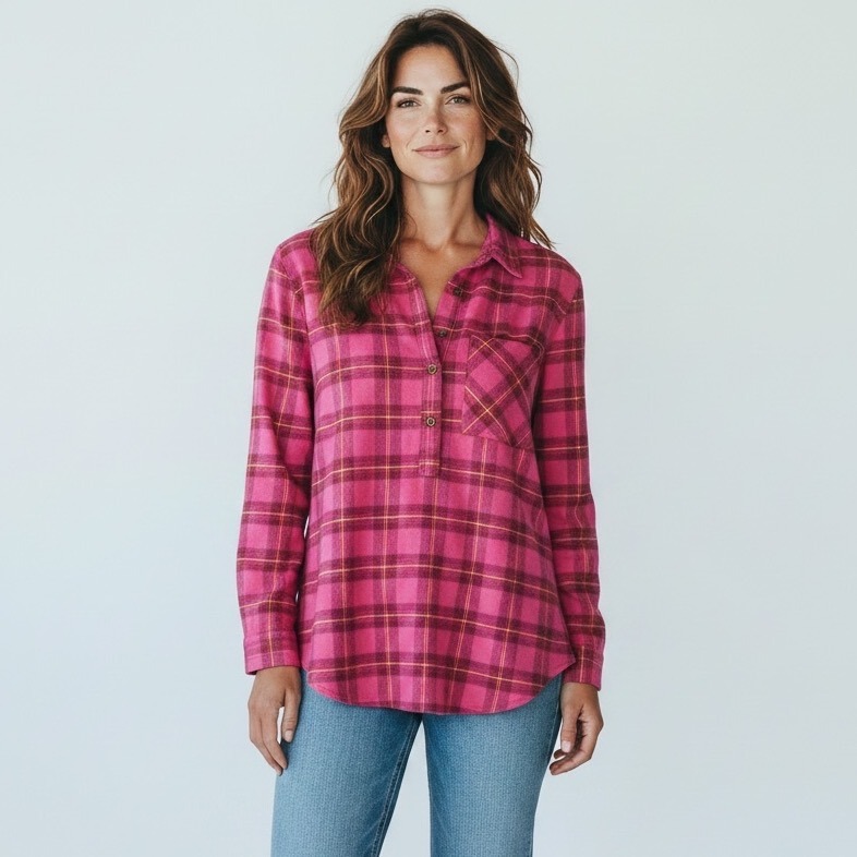 Anthropologie Pink Red Plaid Back Button High Low Flannel Shirt S Cabin Grunge